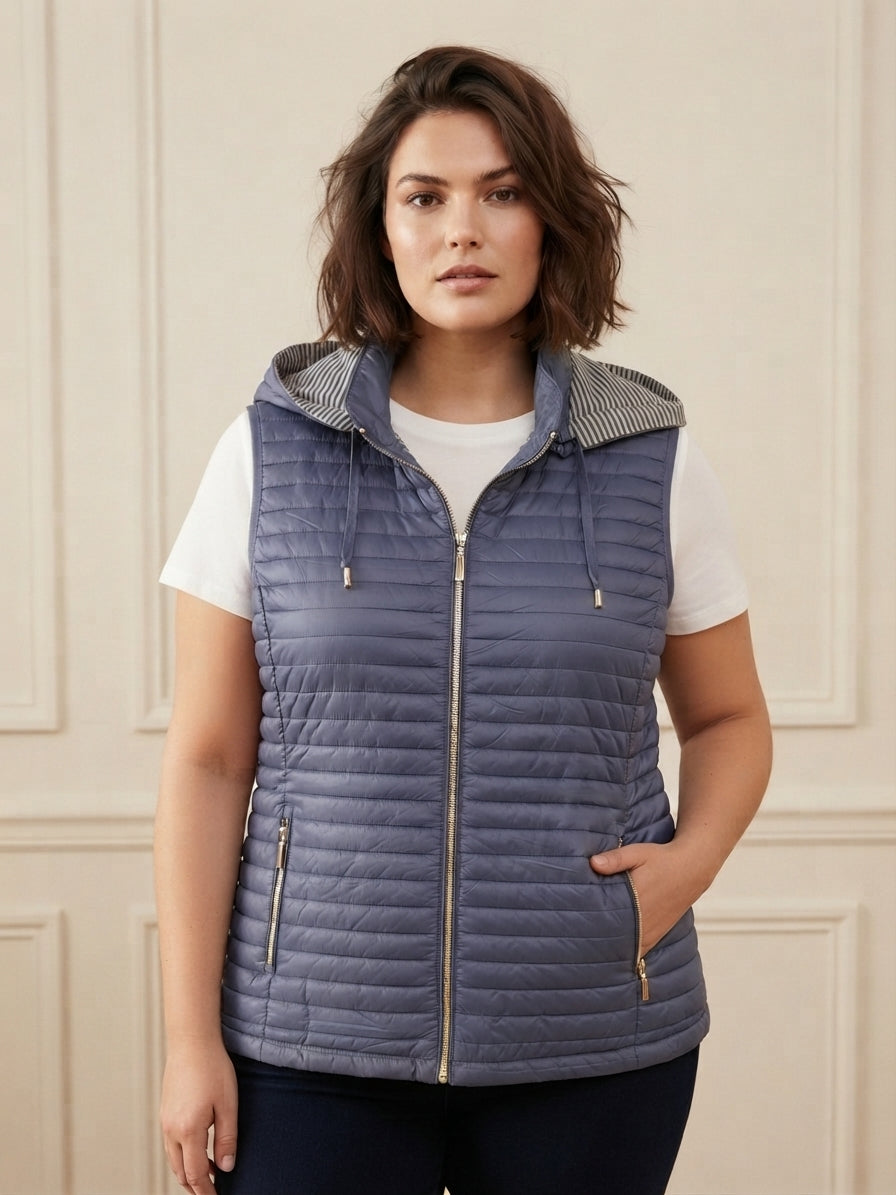 Gilet Matelassé Femme à Capuche Doublure Rayée | LH56