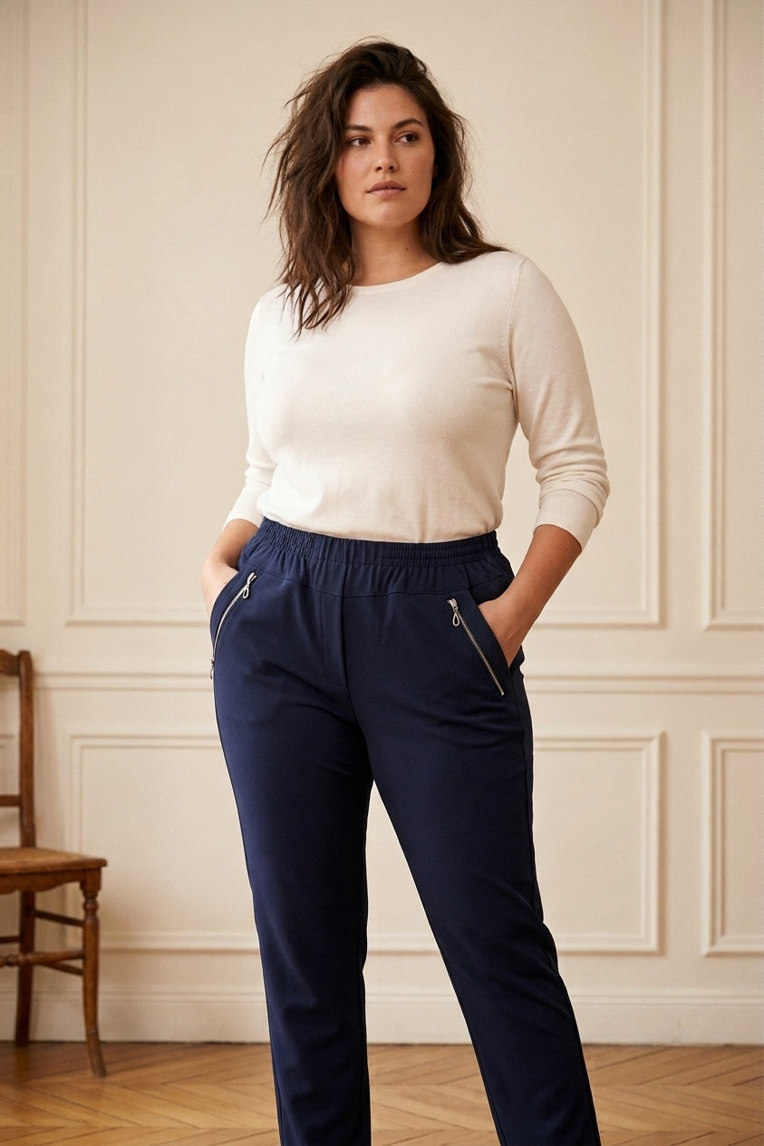 Pantalon Sport Doublé Femme – Taille Élastique Double Poche Zippée
