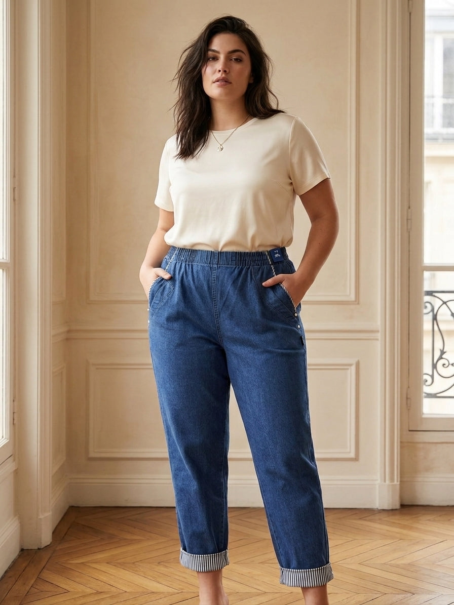 Pantacourt Jean Femme Taille Élastique – Revers Rayé | K1005