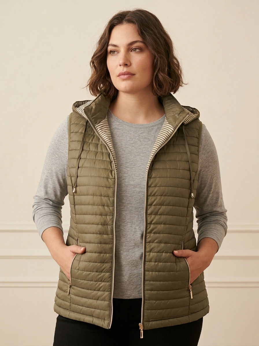 Gilet Matelassé Femme à Capuche Doublure Rayée | LH56