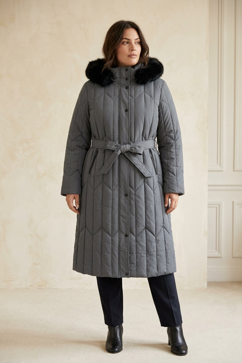 AL302 – Doudoune Longue Femme Capuche Fourrure Amovible Ceinturée
