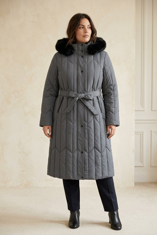 AL302 – Doudoune Longue Femme Capuche Fourrure Amovible Ceinturée