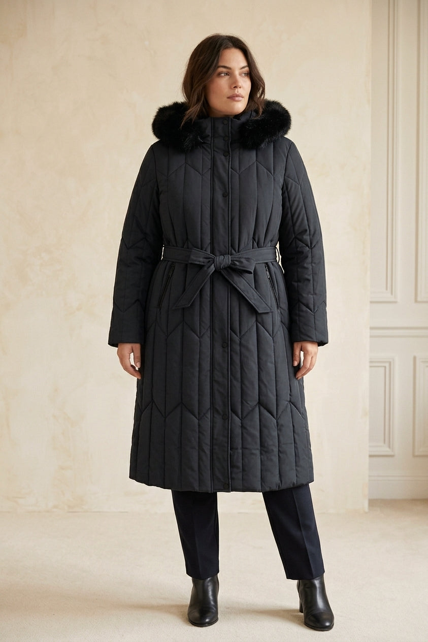 AL302 – Doudoune Longue Femme Capuche Fourrure Amovible Ceinturée
