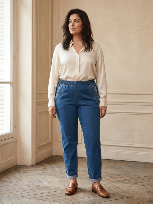 Jean Femme Taille Élastique – Coupe Droite Revers Fixe NJ43