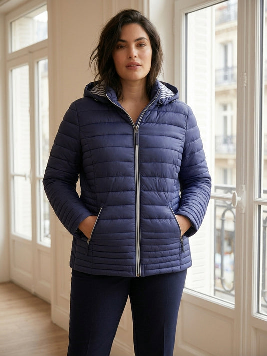 Doudoune Fine Femme à Capuche Doublure Rayée | TG57