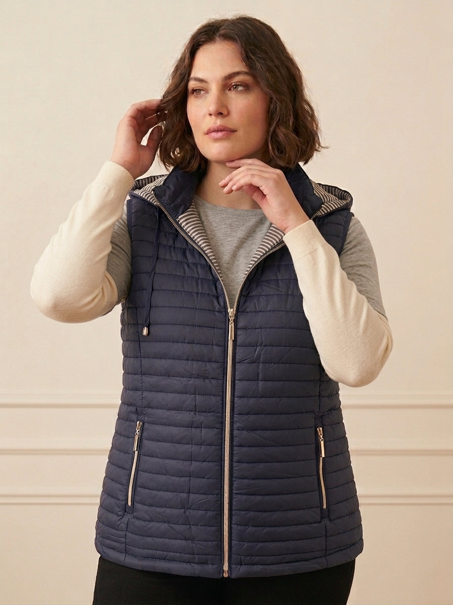 Gilet Matelassé Femme à Capuche Doublure Rayée | LH56