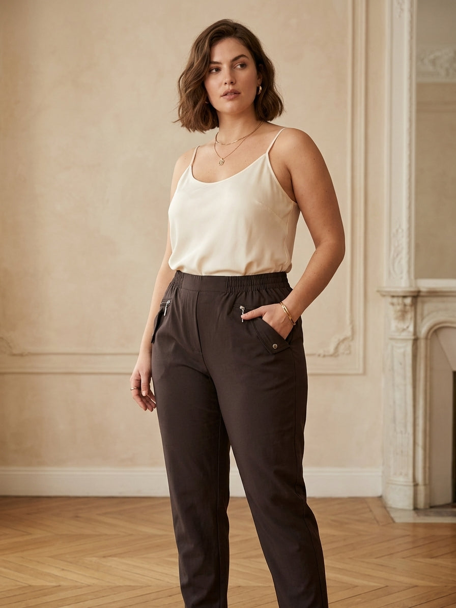 Pantalon Doublé Fourré Femme – Taille Élastique Poche Zippée