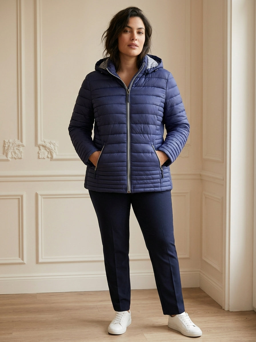 Doudoune Fine Femme à Capuche Doublure Rayée | TG57