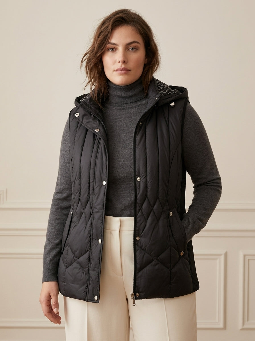 Gilet Matelassé Femme Doublure Imprimée à Capuche – WM367