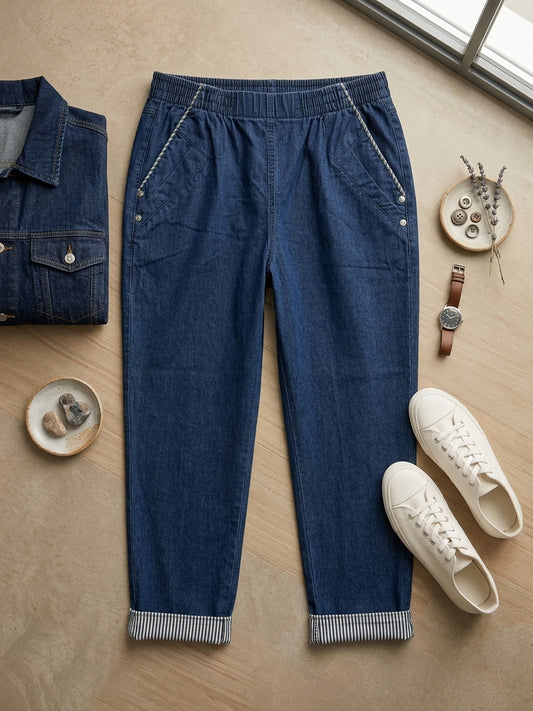 Pantacourt Jean Femme Taille Élastique – Revers Rayé | K1005