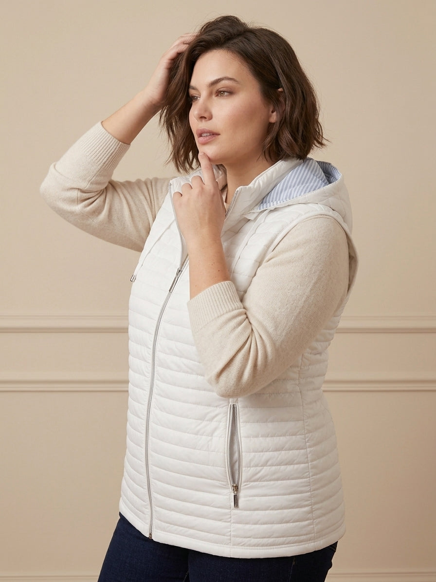 Gilet Matelassé Femme à Capuche Doublure Rayée | LH56