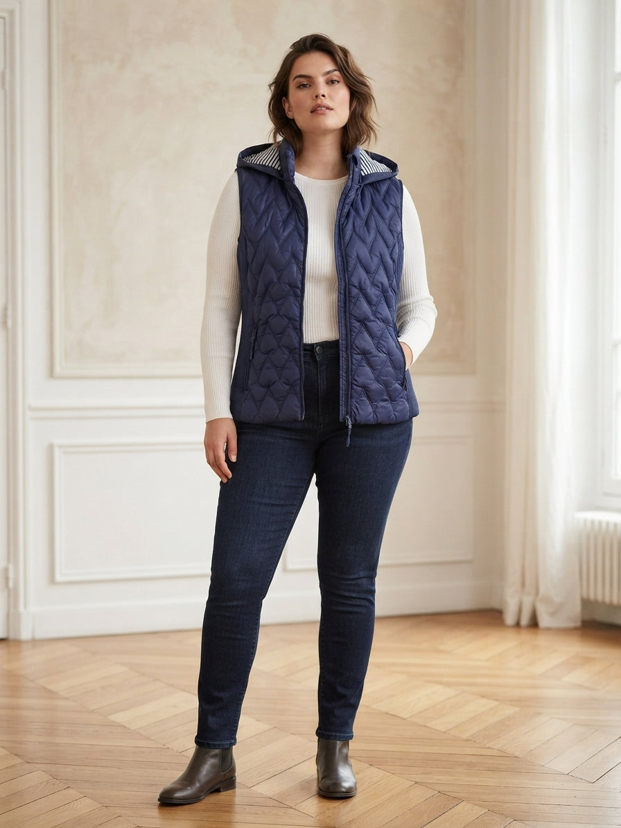 Gilet Matelassé Femme à Capuche Doublure Rayée – TG95