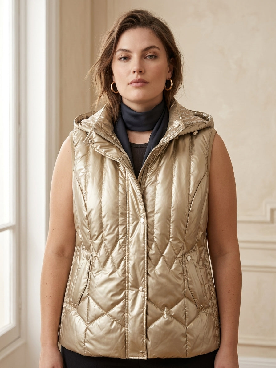 Gilet Matelassé Femme Doublure Imprimée à Capuche – WM367