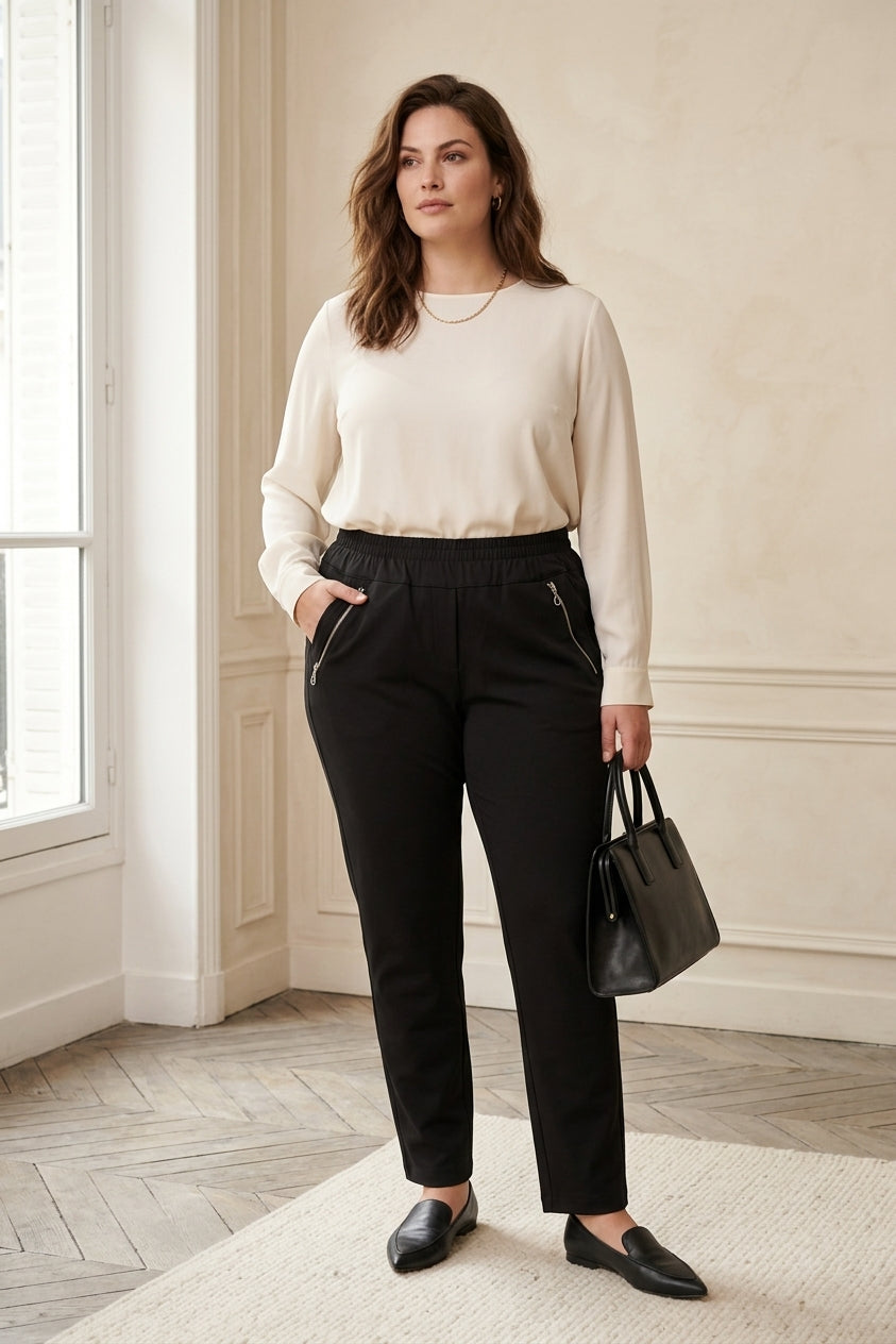 Pantalon Sport Doublé Femme – Taille Élastique Double Poche Zippée