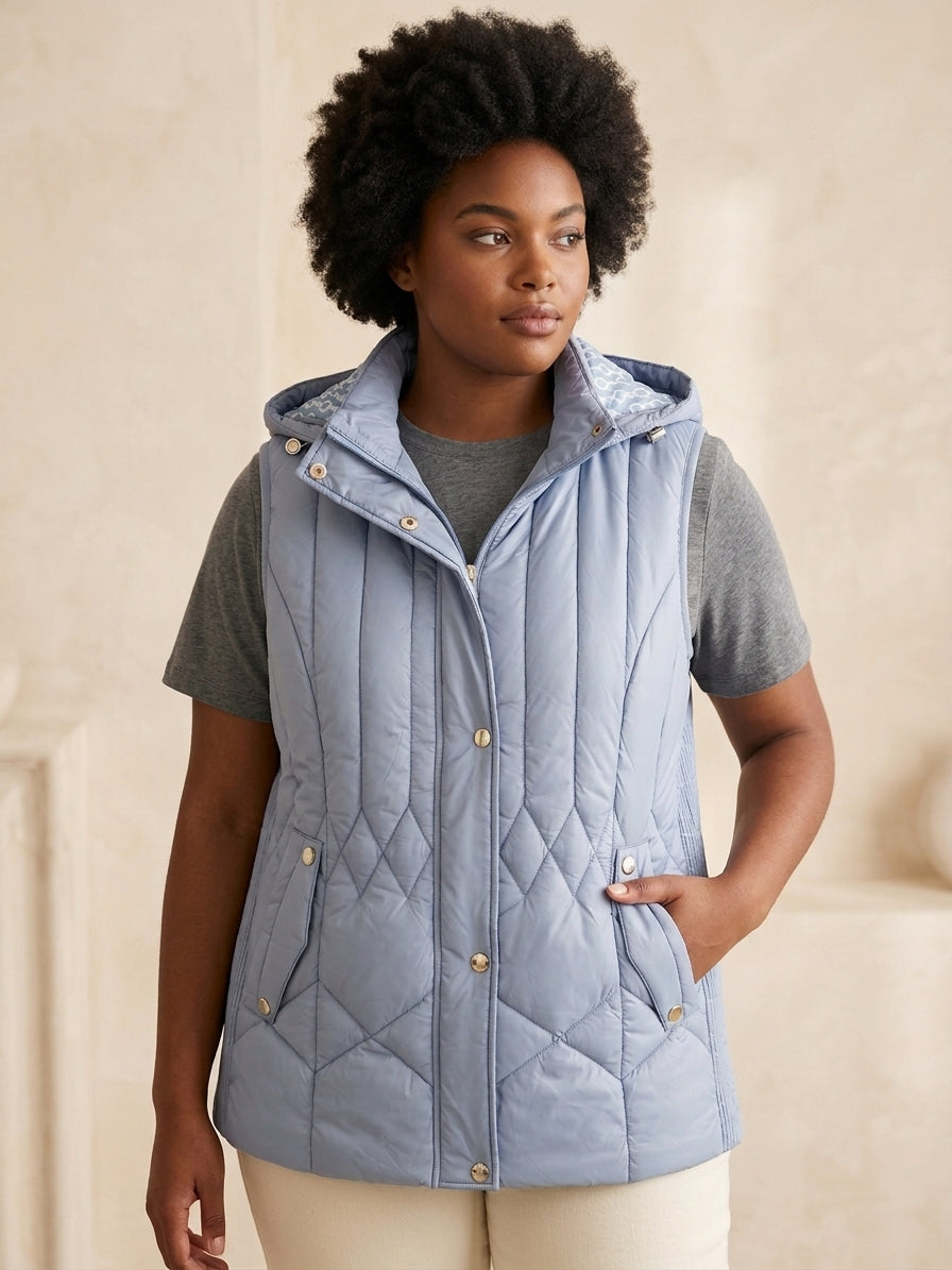 Gilet Matelassé Femme Doublure Imprimée à Capuche – WM367