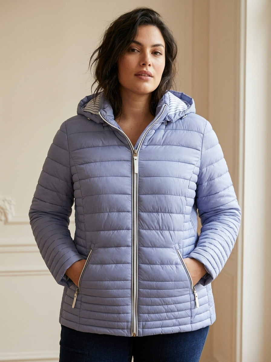 Doudoune Fine Femme à Capuche Doublure Rayée | TG57